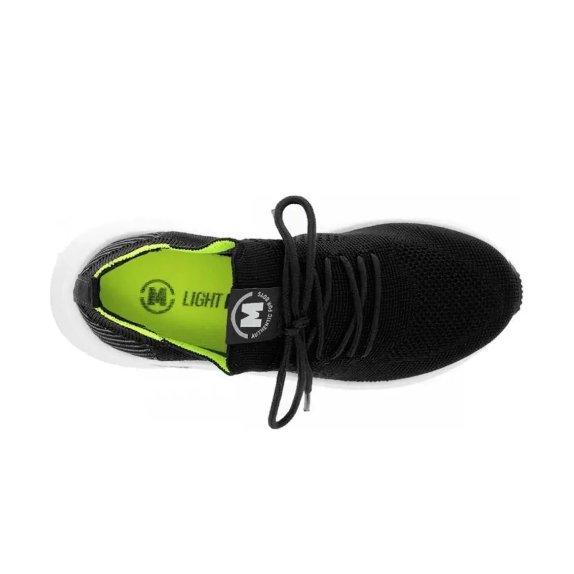 Vista lateral do tênis Molekinho infantil preto com detalhes amarelo neon e cinza